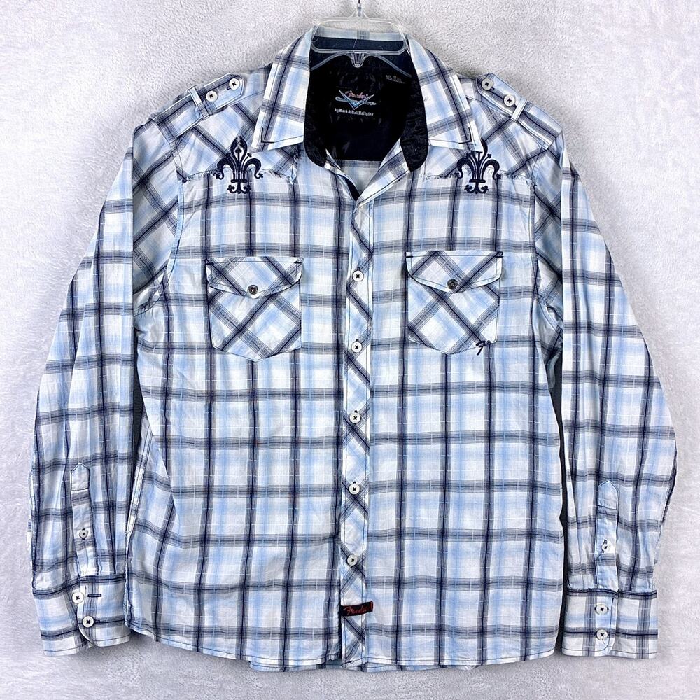 Fender Custom Shop Shirt Mens XL Rock n Roll Religion Blue Plaid Embroidered Y2K